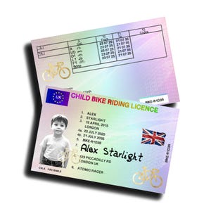 Personalised CHILD Bike Riding Licence ID Custom  Novelty Licence Ride-on Toy Licence Imaginative Play Gift for Children Cos Play Go Kart