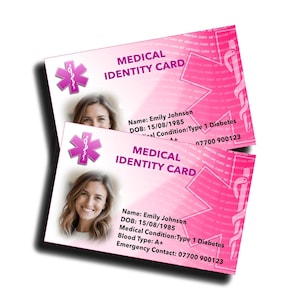 Carte d'identité médicale personnalisée Alerte d'urgence pour les allergies et affections Identité médicale rose personnalisée pour adultes, enfants, personnes âgées, expédition rapide 24 h/24