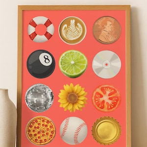 May include: A framed print featuring a coral background with various circular images. These include a life preserver, coffee art, a penny, an eight ball, a lime slice, a CD, a disco ball, a sunflower, a tomato slice, a pizza, a baseball, and a bottle cap.