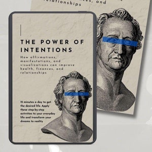 Puede incluir: Una ilustración digital de la cara de un hombre con una franja azul sobre los ojos. La imagen es un diseño gráfico para una portada de libro titulada "El Poder de las Intenciones". El texto de la portada dice: "Cómo las afirmaciones, las manifestaciones y las visualizaciones pueden mejorar la salud, las finanzas y las relaciones. 15 minutos al día para obtener la vida deseada. Aplica estas actividades paso a paso a tu vida diaria y transforma tus sueños en realidad."