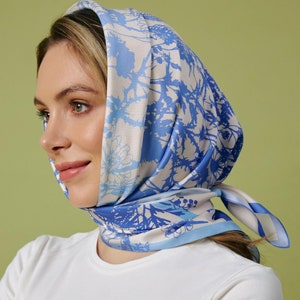 Blue 100% Silk Scarf, Pure Mulberry Silk Wrap, Vintage Silk Bandana Or Designer Head And Hair Scarf For Women, Luxury Silk Scarves