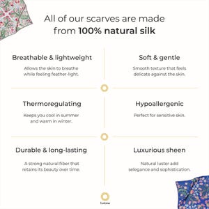 May include: A graphic with text that reads "All of our scarves are made from 100% natural silk". The graphic lists the benefits of silk scarves, including breathable and lightweight, soft and gentle, thermoregulating, hypoallergenic, durable and long-lasting, and luxurious sheen.