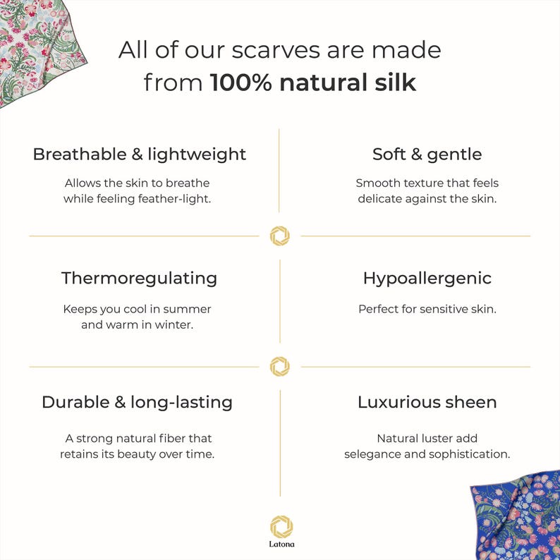 May include: A graphic with text that reads "All of our scarves are made from 100% natural silk". The graphic lists the benefits of silk scarves, including breathable and lightweight, soft and gentle, thermoregulating, hypoallergenic, durable and long-lasting, and luxurious sheen.