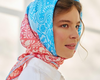 Seidenhaarschal Bandana, 100% Maulbeerseide, rotes oder blaues Kopftuch, edle Seidenschals für Frauen, Geschenk für sie, Muttertagsgeschenk