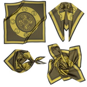 May include: Four different ways to style a yellow and brown patterned silk scarf. The scarf features a circular design with intricate details.