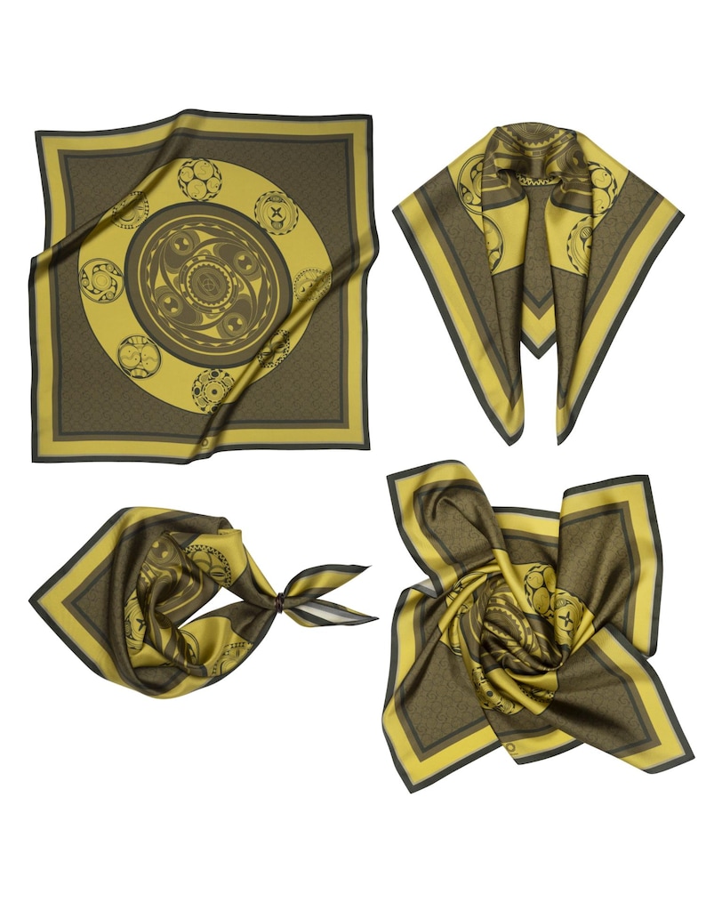 May include: Four different ways to style a yellow and brown patterned silk scarf. The scarf features a circular design with intricate details.