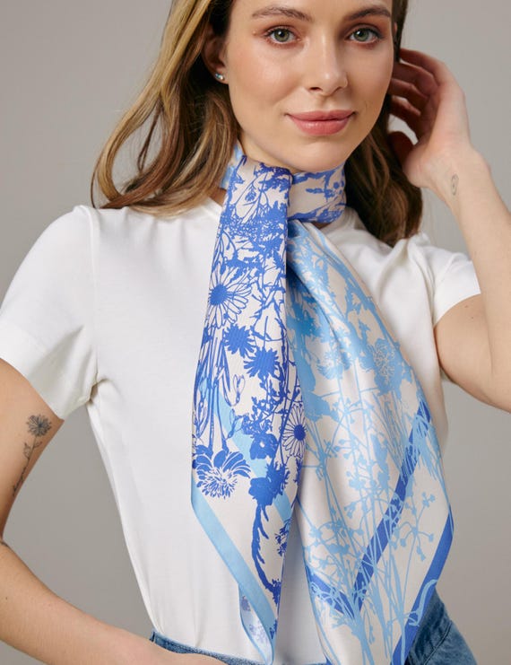 White Silk Scarf With Blue Floral Print – Vintage Style Square