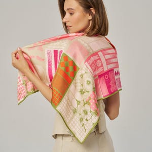 Colorful Silk Square Scarf, 100% Silk Bandana Neckerchief For Women, Large Pink Scarves, Fashion Accessory, Christmas Gift For Her