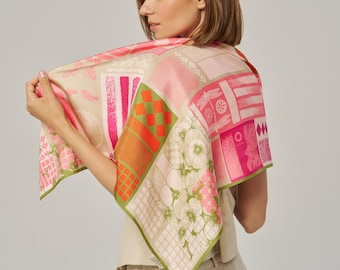 Colorful Silk Square Scarf, 100% Silk Bandana Neckerchief For Women, Large Pink Scarves, Fashion Accessory, Christmas Gift For Her