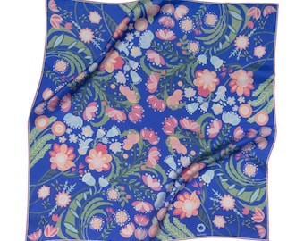Silk Scarf, Square Silk Bandana, Elegant Blue Floral Neckerchief, Silk Hair Scarf, Spring Accessory, Girlfriend Gift, Christmas gift