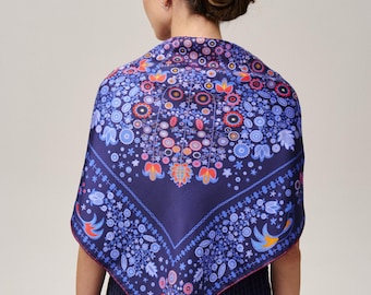 Foulard en soie de mûrier violet, foulard carré en soie floral vintage, foulard de luxe 100 % soie pour femme, foulard en soie et bandana en soie