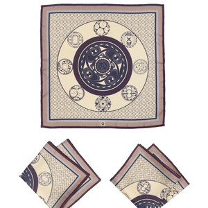 May include: A plum-colored pocket square with a geometric design featuring circular patterns and ornate details. The square has a cream-colored center with dark purple and light brown accents. The text "Pocket square Trypillian Ornaments, plum" is at the top.
