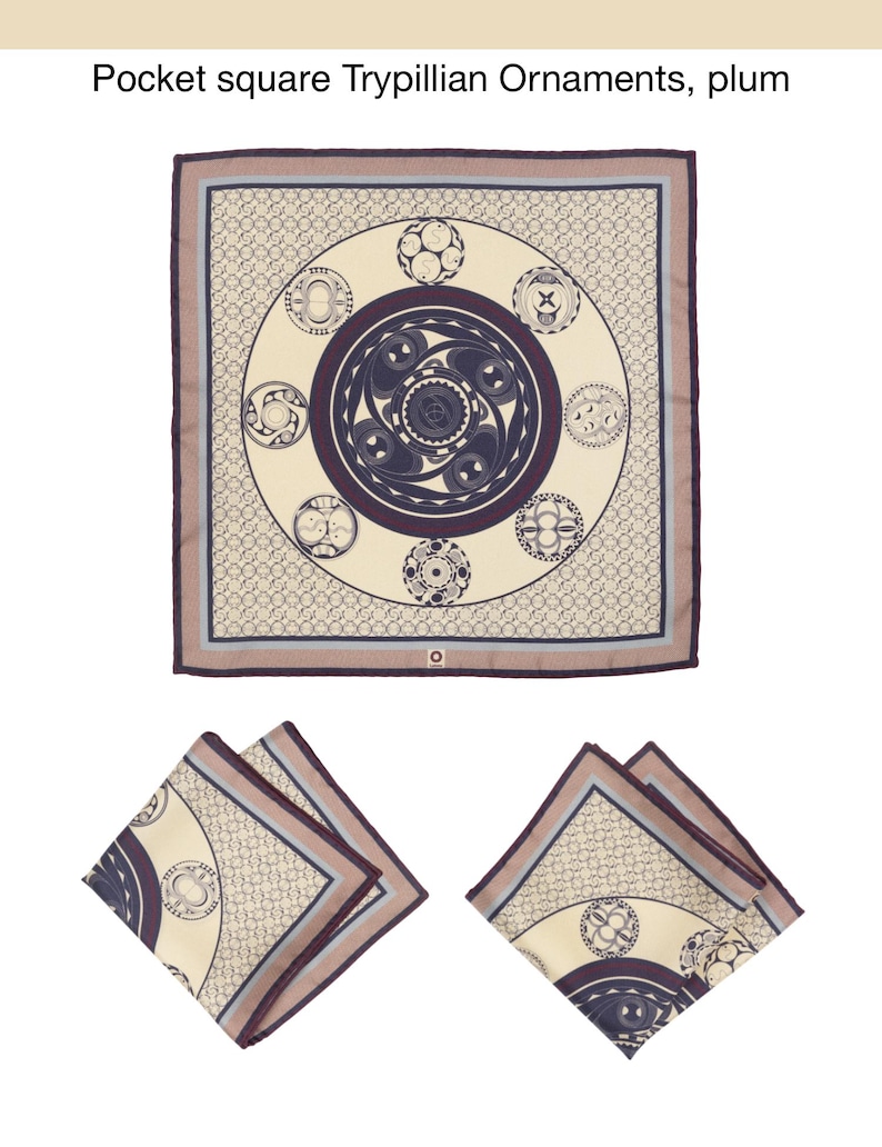 May include: A plum-colored pocket square with a geometric design featuring circular patterns and ornate details. The square has a cream-colored center with dark purple and light brown accents. The text "Pocket square Trypillian Ornaments, plum" is at the top.