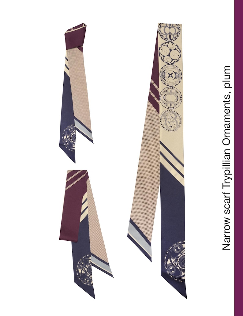 May include: Narrow plum scarf with Trypillian ornaments. The scarf features a geometric pattern in beige, navy, and plum. The design includes circles and lines. The text on the side reads "Narrow scarf Trypillian Ornaments, plum."