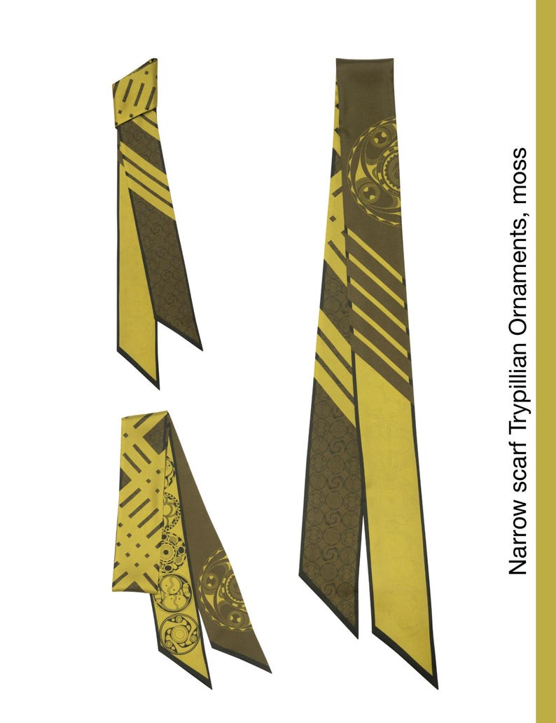 May include: A narrow yellow and brown scarf with a geometric pattern and a floral design. The scarf is tied in a knot at the top and the ends are hanging down. The text "Narrow scarf Trypillian ornaments, moss" is visible on the right side of the image.