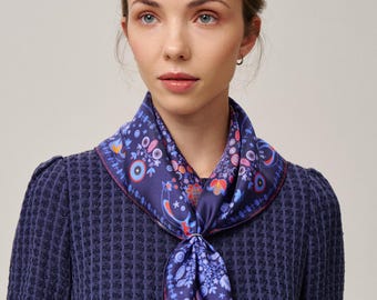 Foulard bandana violet en soie de mûrier, foulard carré en soie floral vintage, foulard de luxe 100 % soie pour femme, foulard en soie