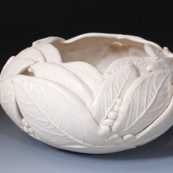 White  Porcelain Ceramic Bowl -  Leaf Pattern - Ceramic Design by Whiteearthstudio