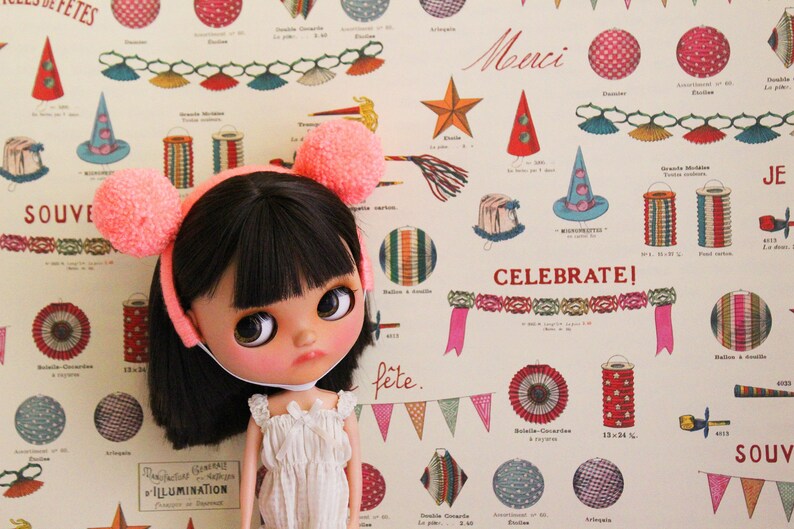 vintage peach headband little pom ears Blythe doll headband