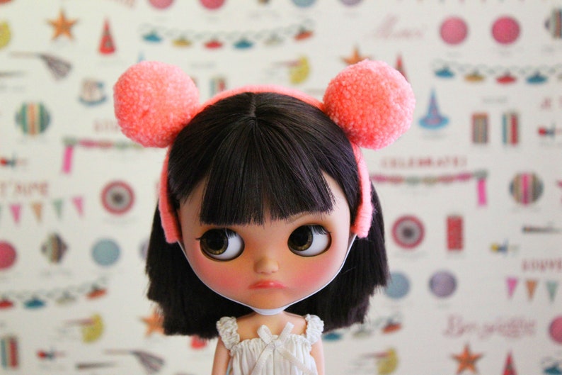 vintage peach headband little pom ears Blythe doll headband