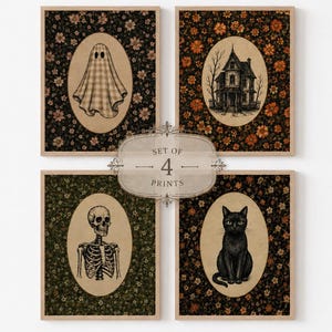 May include: A set of 4 prints featuring oval illustrations of a ghost, a house, a skeleton, and a black cat. Each print is set against a dark floral background with orange and green tones. A central label reads Set of 4 Prints in black text.