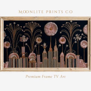 May include: A framed artwork featuring an embroidered cityscape with a dark blue background. The artwork includes buildings and floral elements in shades of gold and pink. The text "MOONLITE PRINTS CO" and "Premium Frame TV Art" are visible.