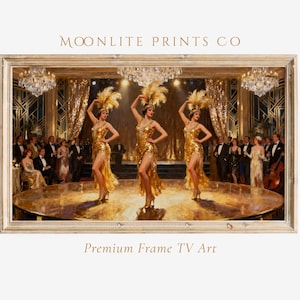 May include: A framed print featuring a vintage stage performance. Three women in gold sequined dresses and feathered headdresses dance on a circular stage. The background includes an audience, chandeliers, and the text "MOONLITE PRINTS CO" and "Premium Frame TV Art".