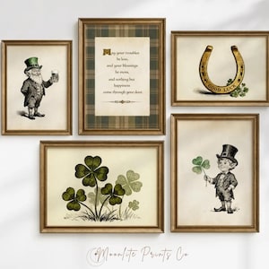 Vintage St Patricks Day Gallery Wall Art Set of 5 | Irish Shamrock Clover Decor | Antique Leprechaun Folk Art Prints | Printable Download