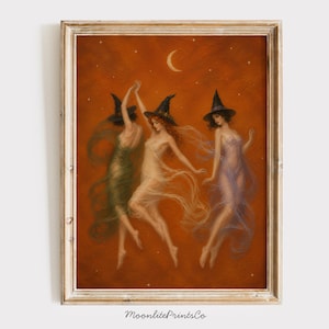 Halloween Witch Wall Art Print, Vintage Art Nouveau Oil Painting, Dancing Witches Print, Terracotta Wall Art (Digital Download)
