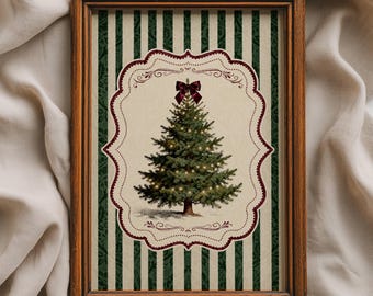 Arte mural vintage de árbol de Navidad, lámina navideña color burdeos, decoración navideña a rayas verdes, obra de arte navideña clásica, descarga digital