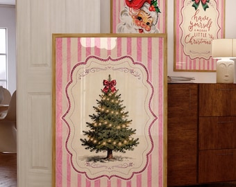 Decorazione murale con albero di Natale vintage rosa, stampa natalizia con fiocco rosso, decorazioni natalizie a righe, classica opera d'arte natalizia, download digitale