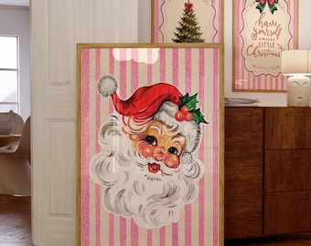 Stampa natalizia vintage di Babbo Natale, strisce rosa, decorazioni natalizie retrò (download digitale)