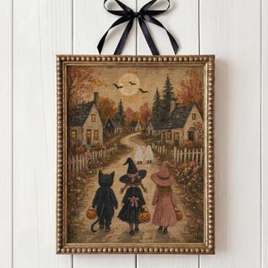 Halloween Trick or Treat Wall Art Print: Ghost & Witch Cottage Folk Art, Cozy Fall Farmhouse Decor, Vintage Halloween Art (Digital Download)