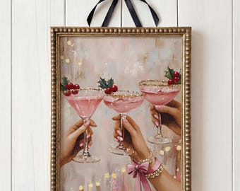 Arte mural de Martini festivo rosa, decoración imprimible para carrito de bar, impresión de cócteles navideños, arte navideño rosa, descarga instantánea