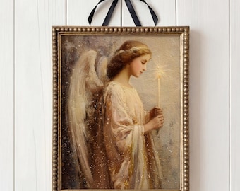 Christmas Angel Print, Vintage Angel Wall Art, Christian Holiday Wall Decor, Angel with Candle Oil Painting, Digital Download