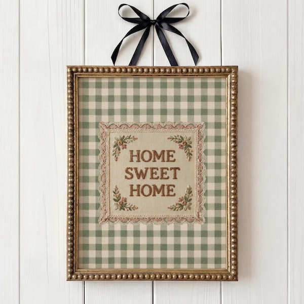 Home Sweet Home Wall Art, Green Gingham Kitchen Decor, Vintage Cottagecore Print, Farmhouse Wall Art, Printable Kitchen Sign