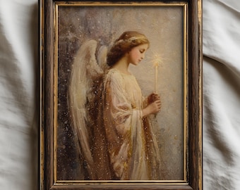 May include: A framed wall art print featuring a painting of an angel with large wings, wearing a flowing cream-colored robe, holding a glowing star-tipped wand. The artwork is encased in a dark brown wooden frame with gold inner trim detailing.
