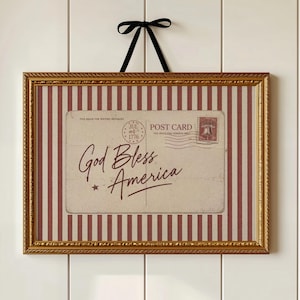 Gud välsigne Amerika väggkonsttryck, vintage USA vykorttryck, patriotisk 4 juli dekor, Americana jubileumstryck, digital nedladdning bild 1