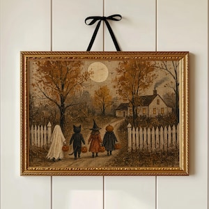 May include: A rectangular framed wall art piece featuring a scene of four children in Halloween costumes walking towards a house. The children are dressed as a ghost, a black cat, a witch, and a pumpkin, each carrying a small orange jack-o'-lantern bucket.