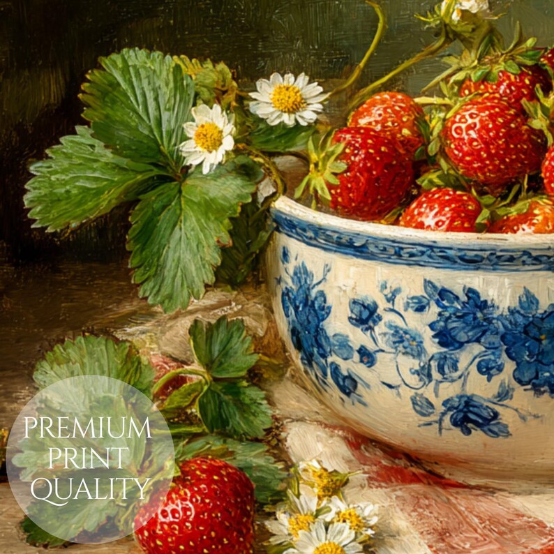 May include: An oil painting print featuring a white ceramic bowl with blue floral patterns filled with bright red strawberries and green leaves. Small white flowers with yellow centres are interspersed among the fruit and foliage. The text PREMIUM PRINT QUALITY is overlaid in white.