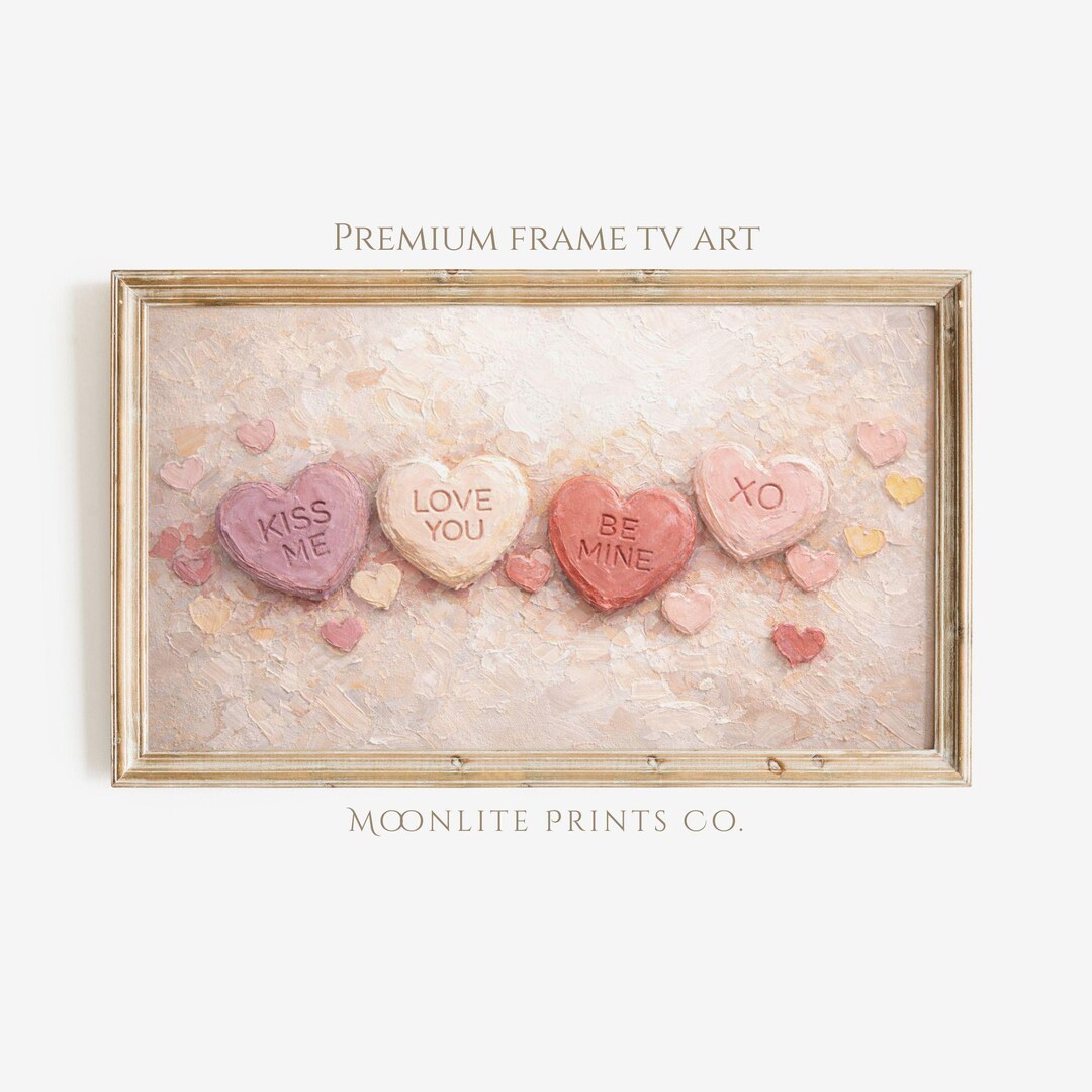 Valentine Frame TV Art, Neutral Candy Heart Painting, Vintage Valentine ...