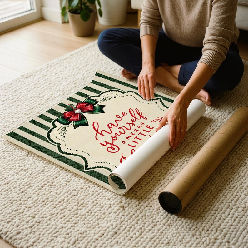 May include: A rectangular canvas print featuring a cream-colored center with the red text 'have yourself a merry little' and a decorative green and red bow. The border has dark green and cream stripes, and the print is partially rolled up.