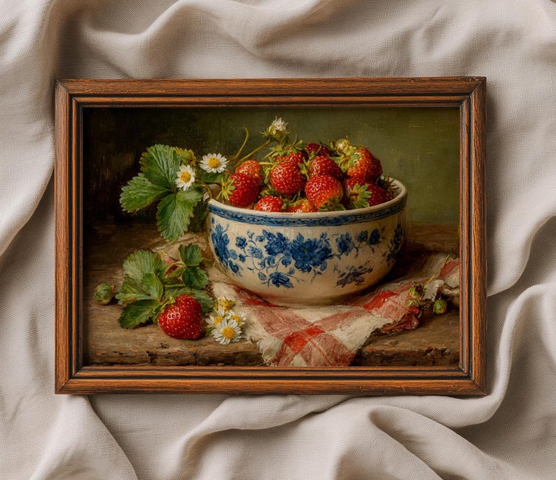 May include: A framed oil painting depicting a white ceramic bowl with blue floral patterns filled with red strawberries and small white flowers. A red and white chequered cloth sits beneath the bowl, with additional strawberries and leaves nearby.