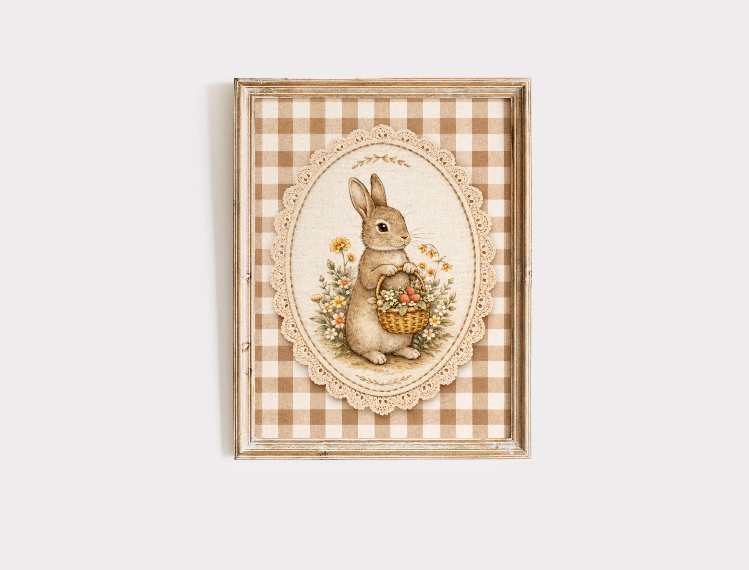 Vintage Rabbit Nursery Print | Neutral Gingham Nursery Decor ...