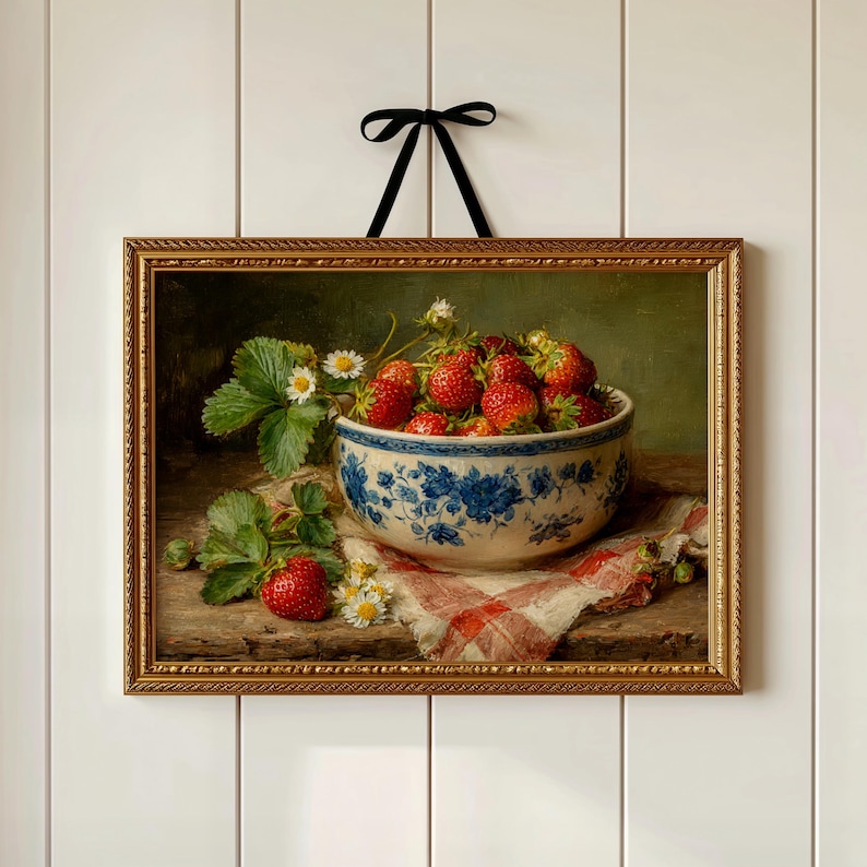 May include: A framed wall art print featuring a still life painting of a white bowl with blue floral patterns filled with red strawberries and small white flowers, resting on a red and white chequered cloth, topped with a black ribbon hanger.