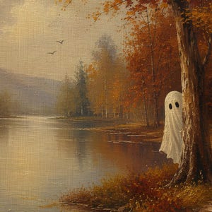May include: An oil painting on canvas depicting a white ghost figure with two black oval eyes peeking from behind a textured tree trunk. The scene features an autumn landscape with orange and brown foliage, a calm lake, and two birds in flight.