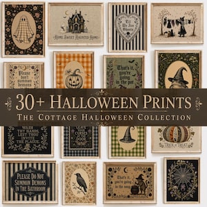 May include: A collection of rectangular wall art prints featuring Halloween themes including ghosts, pumpkins, witches, black cats, and ravens. The prints display various text phrases like Home Sweet Haunted Home and Please Do Not Summon Demons.