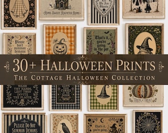 May include: A collection of rectangular wall art prints featuring Halloween themes including ghosts, pumpkins, witches, black cats, and ravens. The prints display various text phrases like Home Sweet Haunted Home and Please Do Not Summon Demons.