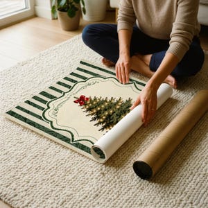 May include: A rectangular canvas print featuring a Christmas tree illustration with a red bow topper, set against a cream background with dark green striped borders. The print is partially unrolled from a brown cardboard shipping tube.
