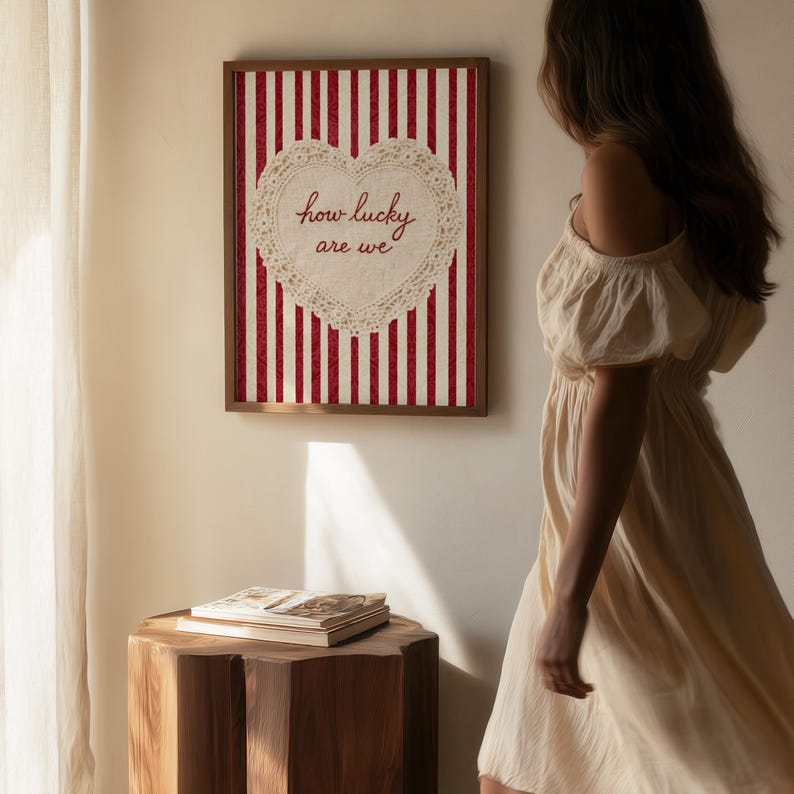 How Lucky Are We Wall Art, Romantic Coquette Wall Art, Vintage Lace Heart Print, Red Striped Printable Quote, Digital Download image 6