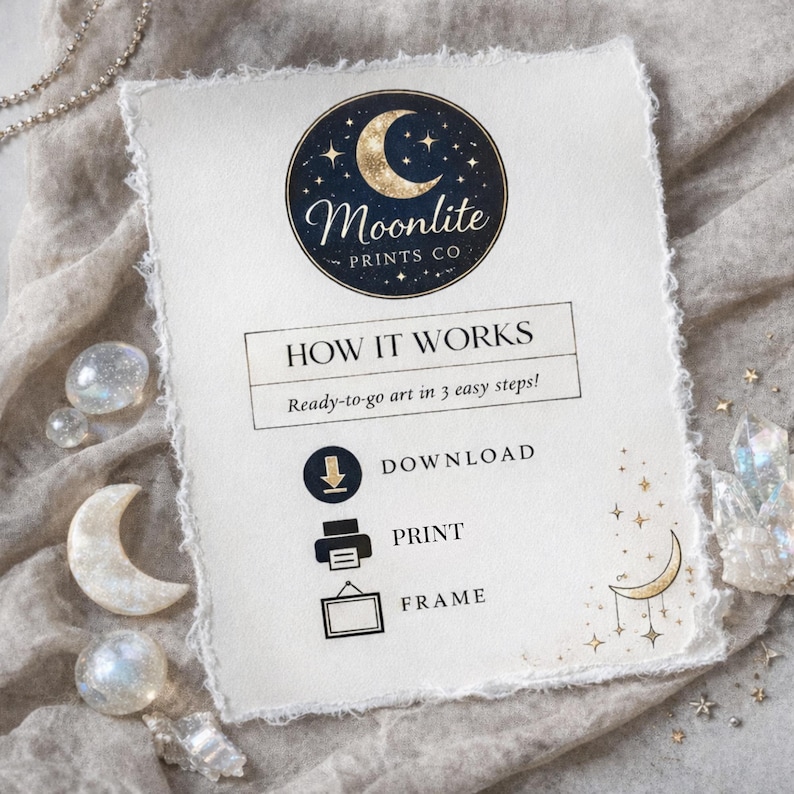 May include: A white paper with the text "Moonlite PRINTS CO" and "HOW IT WORKS" with instructions to download, print, and frame art. The paper has a deckled edge and is decorated with celestial imagery. Decorative crystals and a crescent moon are also present.